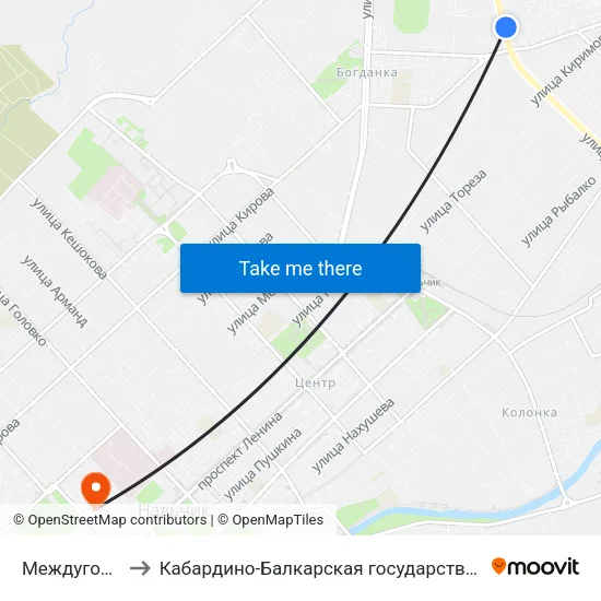 Междугородный Автовокзал to Кабардино-Балкарская государственная сельскохозяйственная академия имени В.М. Кокова. map