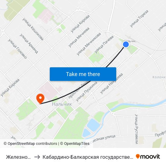 Железнодорожный Вокзал to Кабардино-Балкарская государственная сельскохозяйственная академия имени В.М. Кокова. map