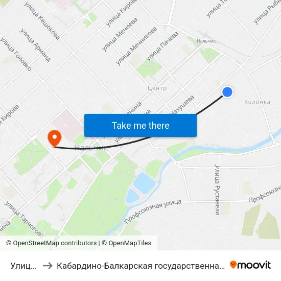 Улица Захарова to Кабардино-Балкарская государственная сельскохозяйственная академия имени В.М. Кокова. map