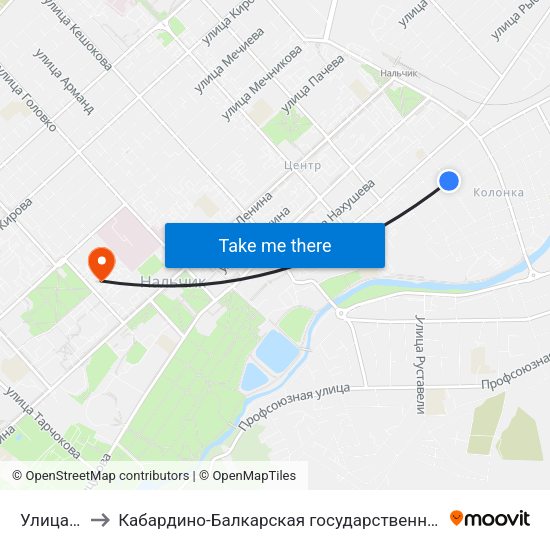 Улица Вологирова to Кабардино-Балкарская государственная сельскохозяйственная академия имени В.М. Кокова. map