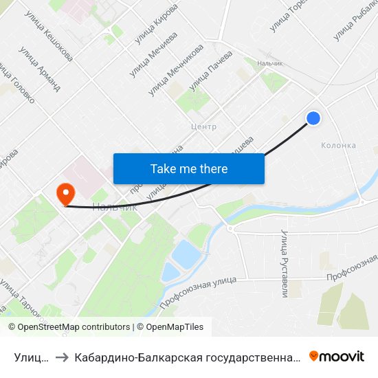 Улица Козлова to Кабардино-Балкарская государственная сельскохозяйственная академия имени В.М. Кокова. map