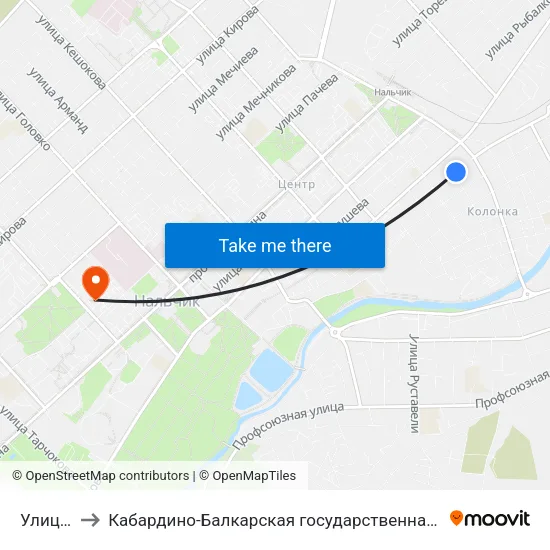 Улица Козлова to Кабардино-Балкарская государственная сельскохозяйственная академия имени В.М. Кокова. map