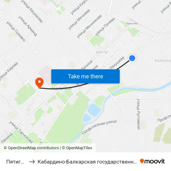 Пятигорская Улица to Кабардино-Балкарская государственная сельскохозяйственная академия имени В.М. Кокова. map
