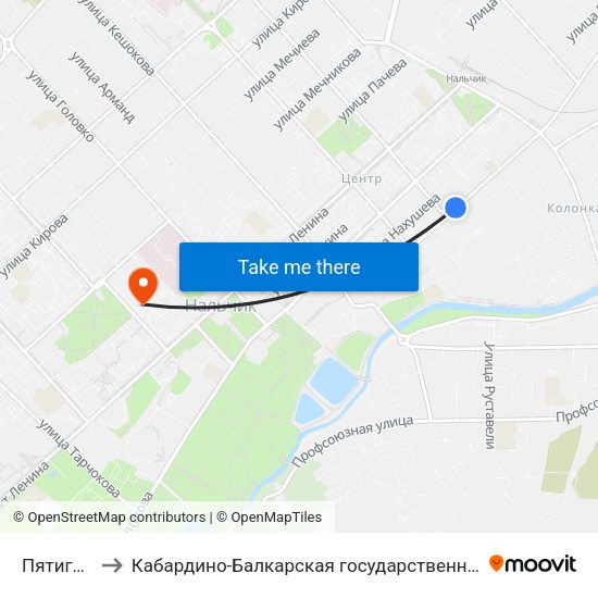 Пятигорская Улица to Кабардино-Балкарская государственная сельскохозяйственная академия имени В.М. Кокова. map