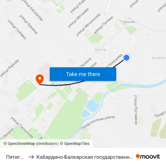 Пятигорская Улица to Кабардино-Балкарская государственная сельскохозяйственная академия имени В.М. Кокова. map