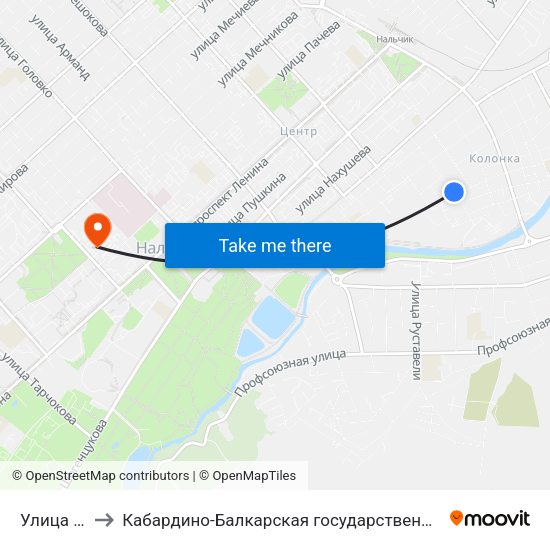Улица Маяковского to Кабардино-Балкарская государственная сельскохозяйственная академия имени В.М. Кокова. map