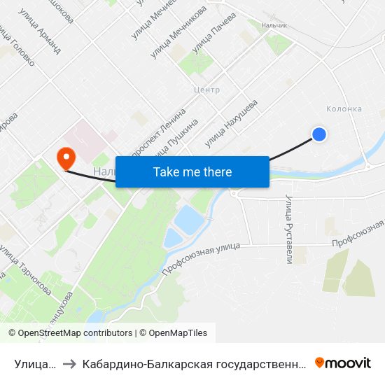 Улица Куйбышева to Кабардино-Балкарская государственная сельскохозяйственная академия имени В.М. Кокова. map