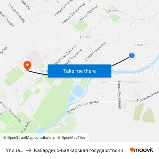 Улица Куйбышева to Кабардино-Балкарская государственная сельскохозяйственная академия имени В.М. Кокова. map