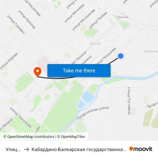 Улица Толстого to Кабардино-Балкарская государственная сельскохозяйственная академия имени В.М. Кокова. map