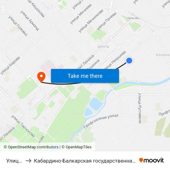 Улица Толстого to Кабардино-Балкарская государственная сельскохозяйственная академия имени В.М. Кокова. map