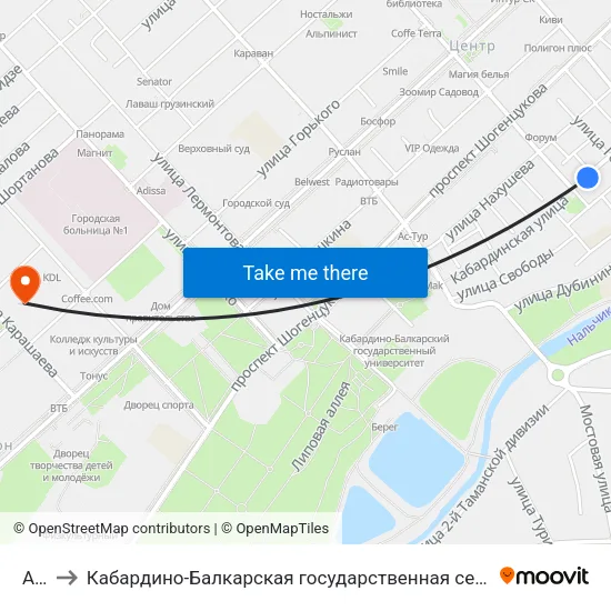 Арбат to Кабардино-Балкарская государственная сельскохозяйственная академия имени В.М. Кокова. map