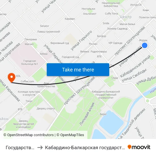 Государственный Концертный Зал to Кабардино-Балкарская государственная сельскохозяйственная академия имени В.М. Кокова. map