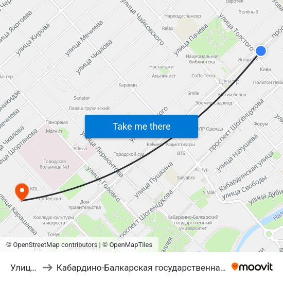 Улица Толстого to Кабардино-Балкарская государственная сельскохозяйственная академия имени В.М. Кокова. map