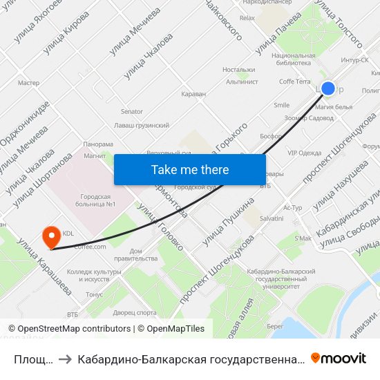 Площадь Марии to Кабардино-Балкарская государственная сельскохозяйственная академия имени В.М. Кокова. map