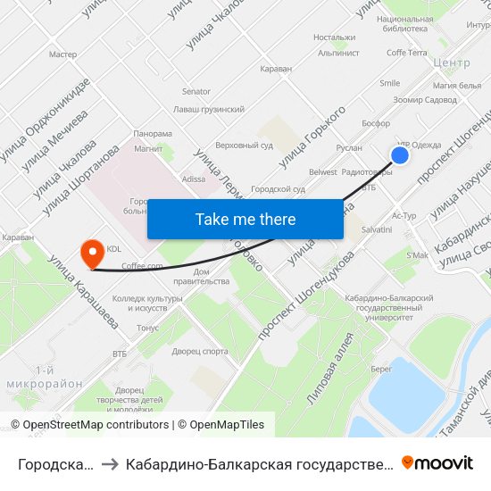Городская Администрация to Кабардино-Балкарская государственная сельскохозяйственная академия имени В.М. Кокова. map