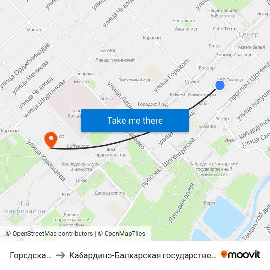 Городская Администрация to Кабардино-Балкарская государственная сельскохозяйственная академия имени В.М. Кокова. map