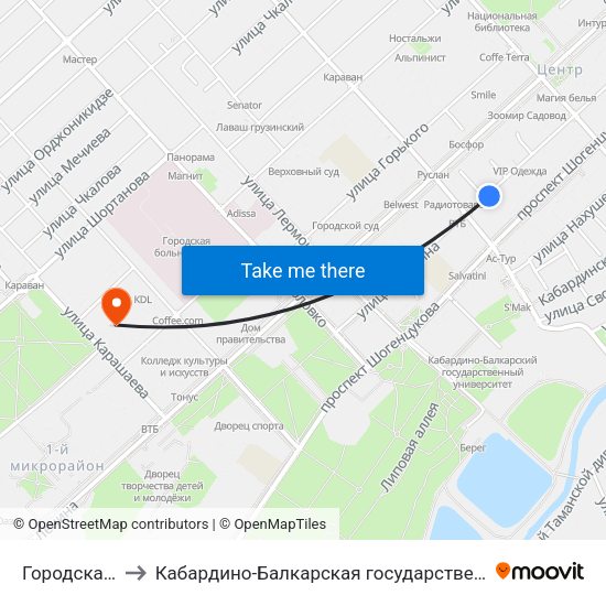 Городская Администрация to Кабардино-Балкарская государственная сельскохозяйственная академия имени В.М. Кокова. map