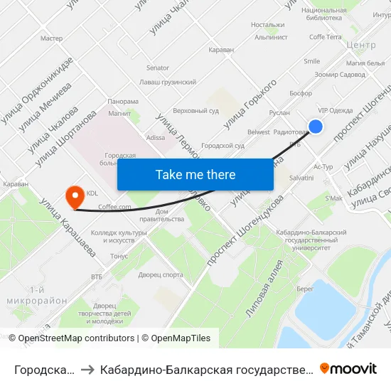 Городская Администрация to Кабардино-Балкарская государственная сельскохозяйственная академия имени В.М. Кокова. map