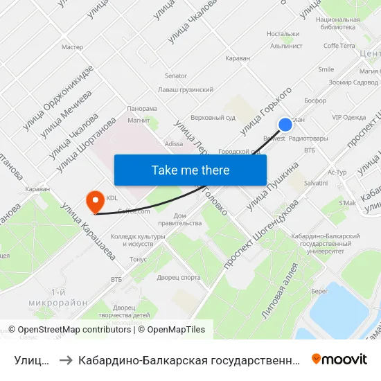 Улица Кешокова to Кабардино-Балкарская государственная сельскохозяйственная академия имени В.М. Кокова. map