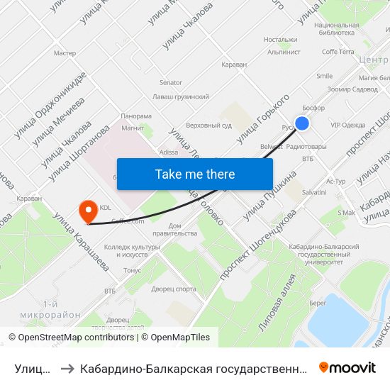 Улица Кешокова to Кабардино-Балкарская государственная сельскохозяйственная академия имени В.М. Кокова. map