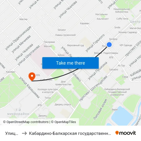 Улица Кешокова to Кабардино-Балкарская государственная сельскохозяйственная академия имени В.М. Кокова. map