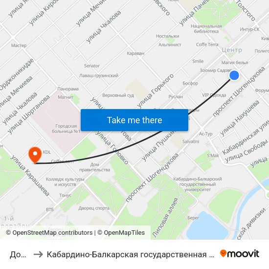 Дом Радио to Кабардино-Балкарская государственная сельскохозяйственная академия имени В.М. Кокова. map