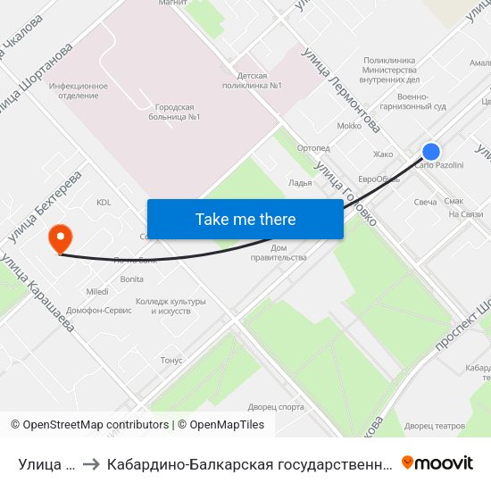 Улица Лермонтова to Кабардино-Балкарская государственная сельскохозяйственная академия имени В.М. Кокова. map