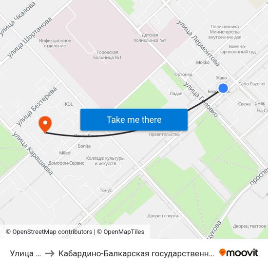 Улица Лермонтова to Кабардино-Балкарская государственная сельскохозяйственная академия имени В.М. Кокова. map