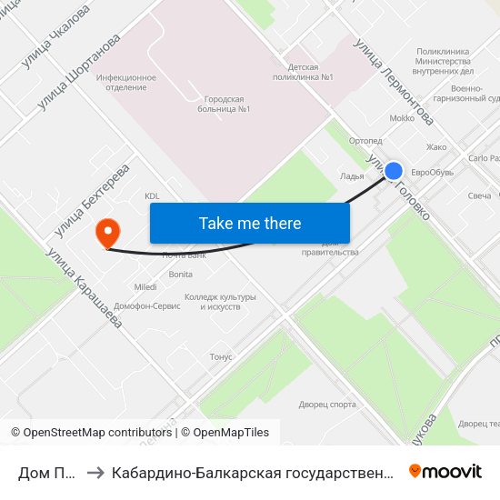Дом Правительства to Кабардино-Балкарская государственная сельскохозяйственная академия имени В.М. Кокова. map