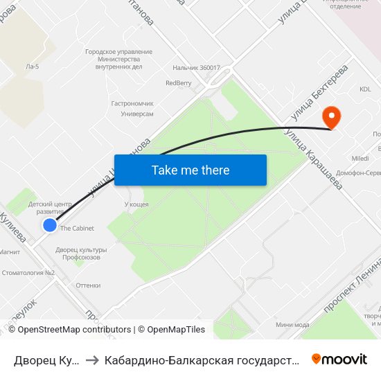Дворец Культуры Профсоюзов to Кабардино-Балкарская государственная сельскохозяйственная академия имени В.М. Кокова. map