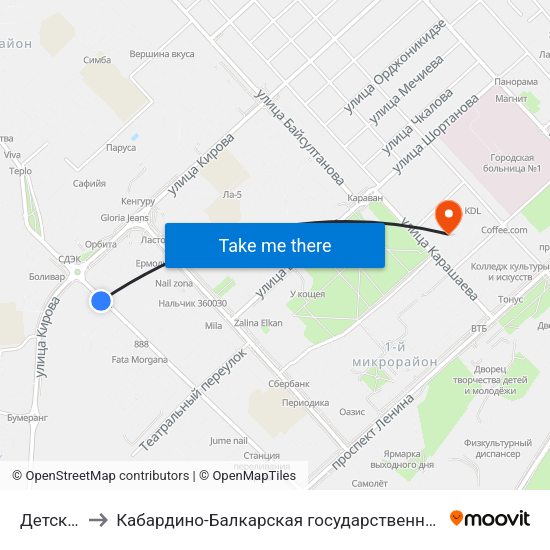 Детский Сад №63 to Кабардино-Балкарская государственная сельскохозяйственная академия имени В.М. Кокова. map