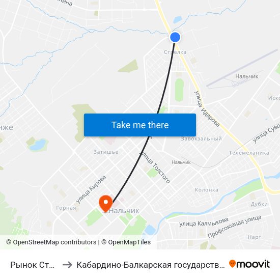 Рынок Стрелка. Первый Въезд to Кабардино-Балкарская государственная сельскохозяйственная академия имени В.М. Кокова. map