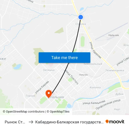 Рынок Стрелка. Первый Въезд to Кабардино-Балкарская государственная сельскохозяйственная академия имени В.М. Кокова. map