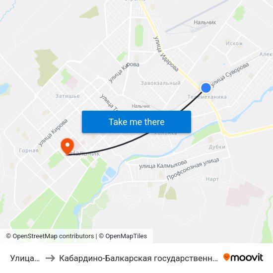 Улица Тимирязева to Кабардино-Балкарская государственная сельскохозяйственная академия имени В.М. Кокова. map