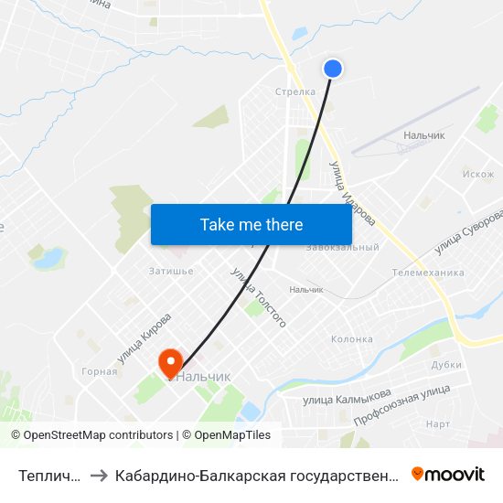 Тепличный Переулок to Кабардино-Балкарская государственная сельскохозяйственная академия имени В.М. Кокова. map