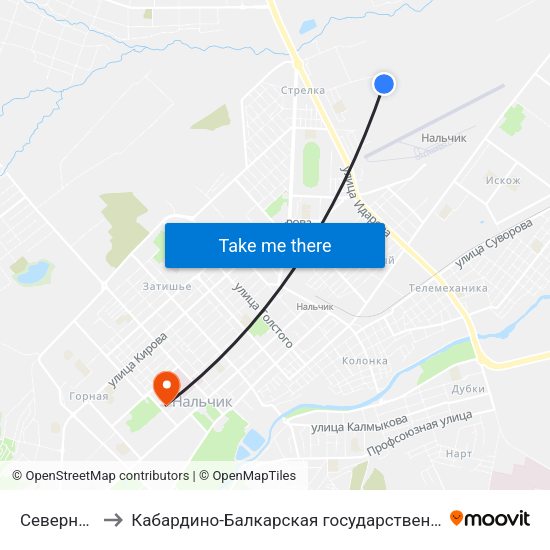 Северный Микрорайон to Кабардино-Балкарская государственная сельскохозяйственная академия имени В.М. Кокова. map