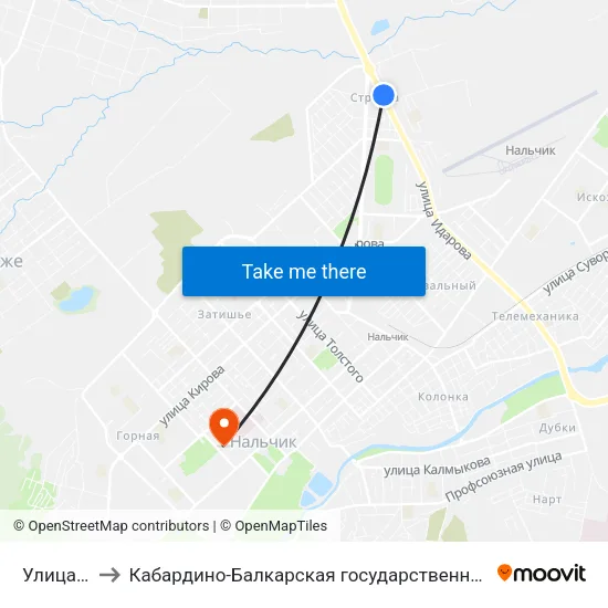 Улица Мовсисяна to Кабардино-Балкарская государственная сельскохозяйственная академия имени В.М. Кокова. map