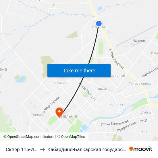 Сквер 115-Й Кавалерийской Дивизии to Кабардино-Балкарская государственная сельскохозяйственная академия имени В.М. Кокова. map
