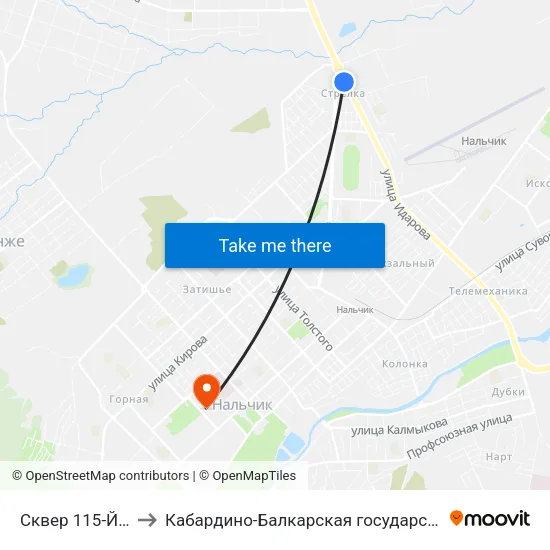 Сквер 115-Й Кавалерийской Дивизии to Кабардино-Балкарская государственная сельскохозяйственная академия имени В.М. Кокова. map