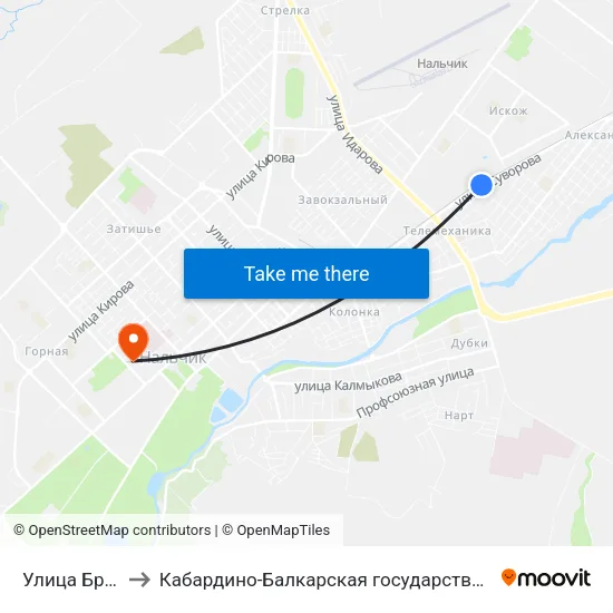 Улица Братьев Кардановых to Кабардино-Балкарская государственная сельскохозяйственная академия имени В.М. Кокова. map