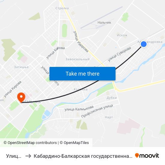 Улица Фанзиева to Кабардино-Балкарская государственная сельскохозяйственная академия имени В.М. Кокова. map