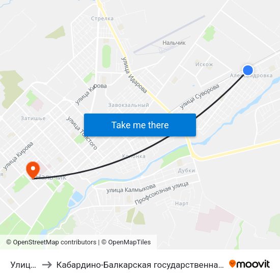 Улица Пугачёва to Кабардино-Балкарская государственная сельскохозяйственная академия имени В.М. Кокова. map