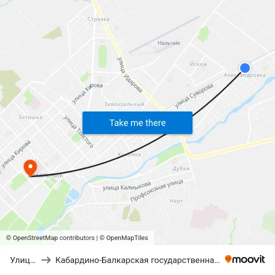 Улица Пугачёва to Кабардино-Балкарская государственная сельскохозяйственная академия имени В.М. Кокова. map