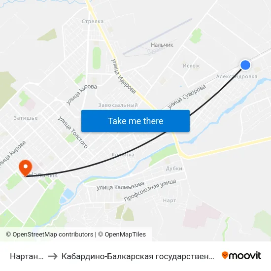 Нартановская Улица to Кабардино-Балкарская государственная сельскохозяйственная академия имени В.М. Кокова. map