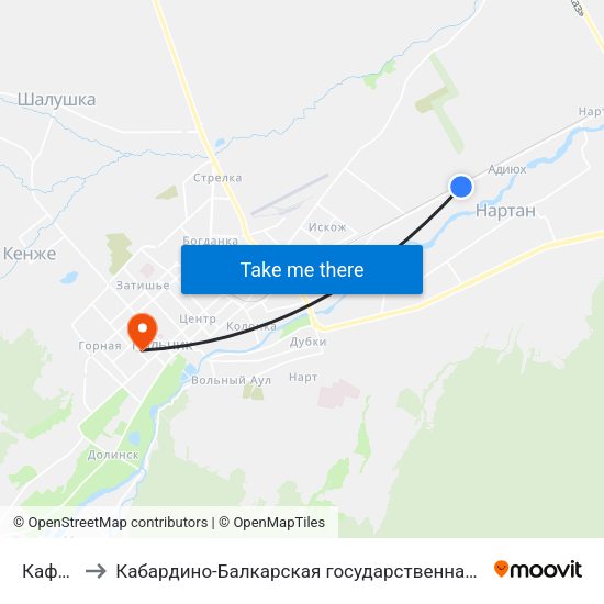 Кафе Корабль to Кабардино-Балкарская государственная сельскохозяйственная академия имени В.М. Кокова. map