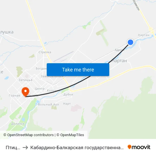 Птицефабрика to Кабардино-Балкарская государственная сельскохозяйственная академия имени В.М. Кокова. map