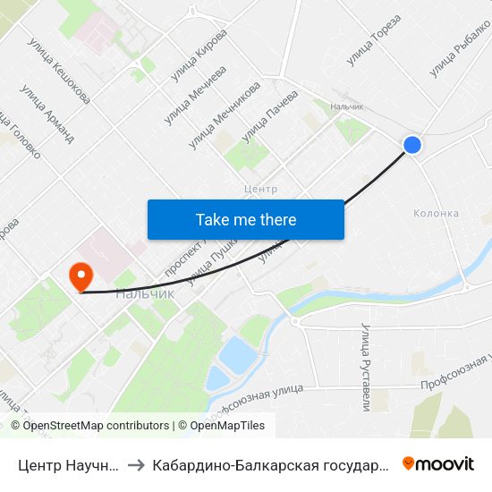 Центр Научно-Технического Творчества to Кабардино-Балкарская государственная сельскохозяйственная академия имени В.М. Кокова. map