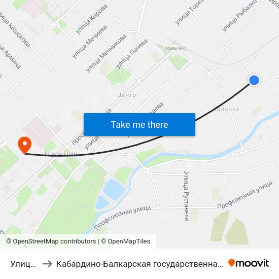 Улица Семашко to Кабардино-Балкарская государственная сельскохозяйственная академия имени В.М. Кокова. map