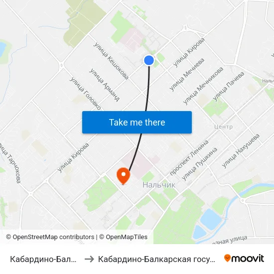 Кабардино-Балкарский Государственный Университет to Кабардино-Балкарская государственная сельскохозяйственная академия имени В.М. Кокова. map