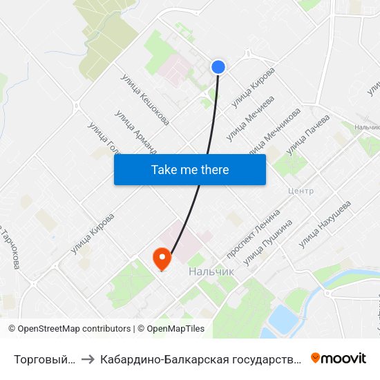 Торговый Центр Университи to Кабардино-Балкарская государственная сельскохозяйственная академия имени В.М. Кокова. map